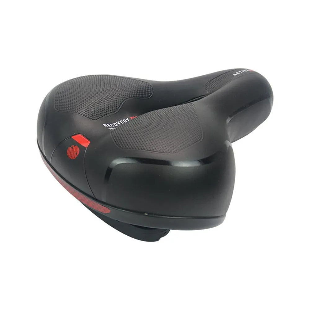 Bicycle saddle cushion with silicone padding, PU leather cover, and included waterproof cover and repair tools