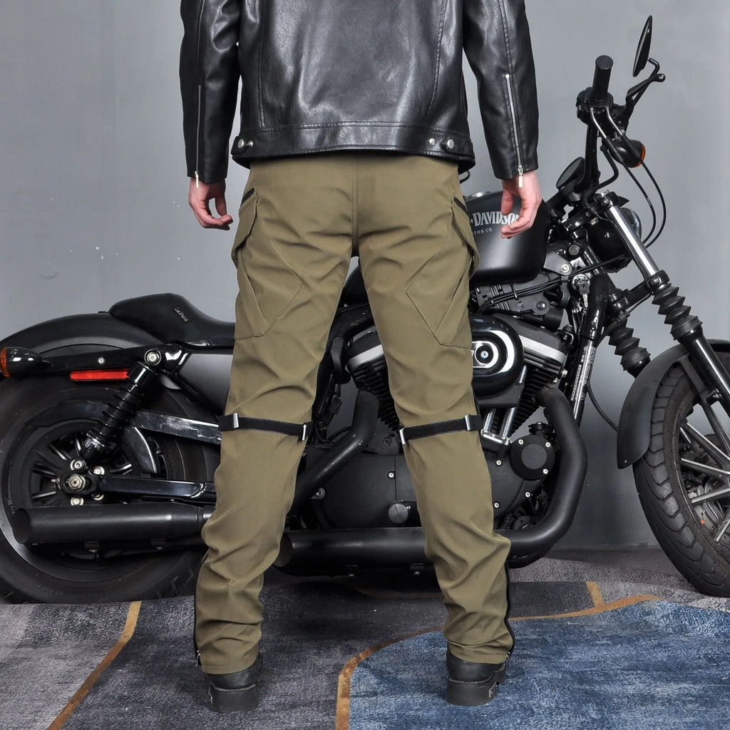 Motorcycle waterproof cycling trousers with protective gear and belt in black or green colour options