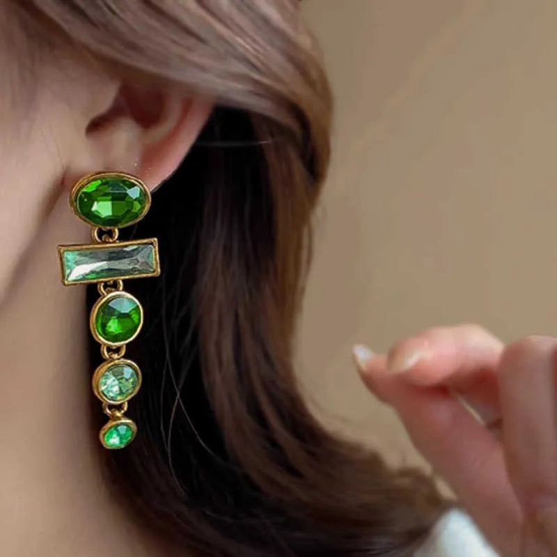 Green gradient retro earrings with geometric Chinese design and zircon inlay