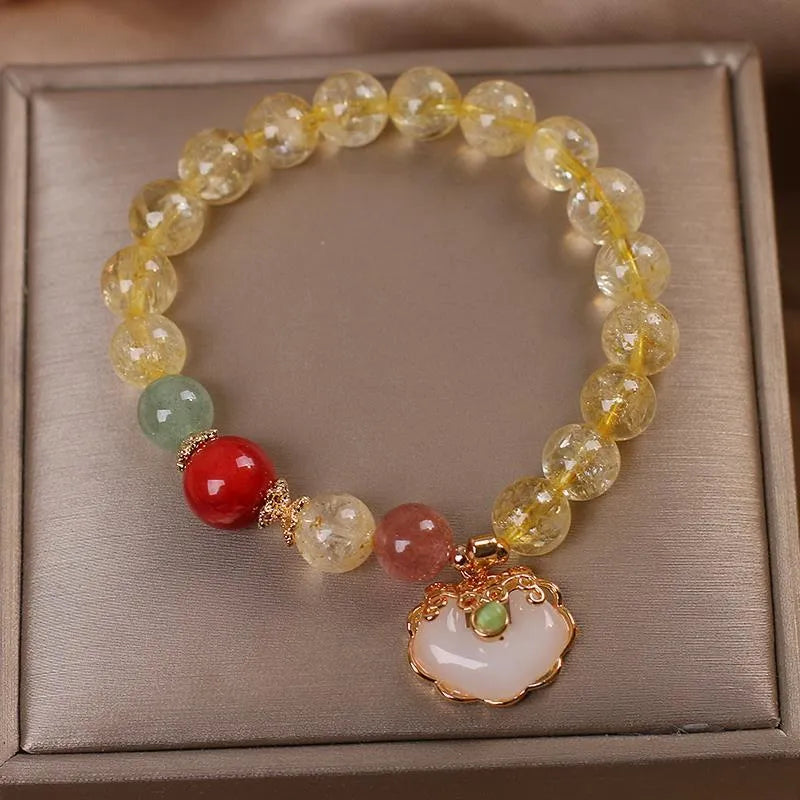 Women's bracelet with natural citrine jade ruyi pendant in yellow hair crystal on alloy chain