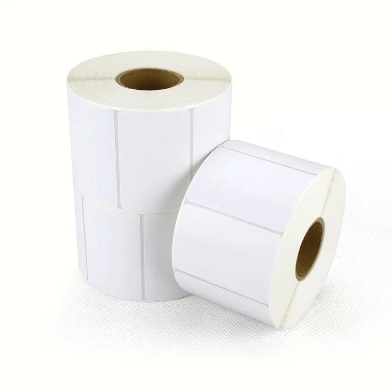 Roll of white 40x40mm thermosensitive paper adhesive labels for commercial labelling applications