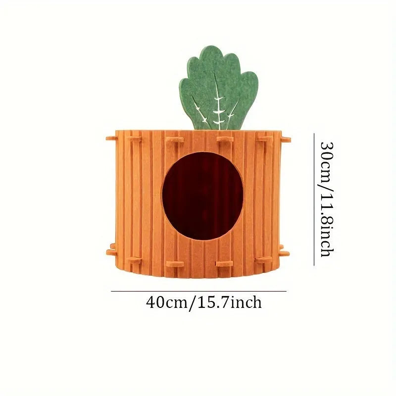 Carrot-shaped felt cat tunnel nest with ventilation holes in soft grey material