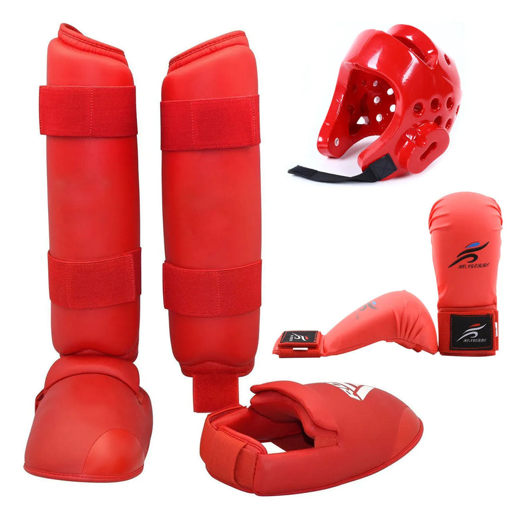 Karate protective gear set with red leg guards, helmet, and boxing gloves for martial arts training