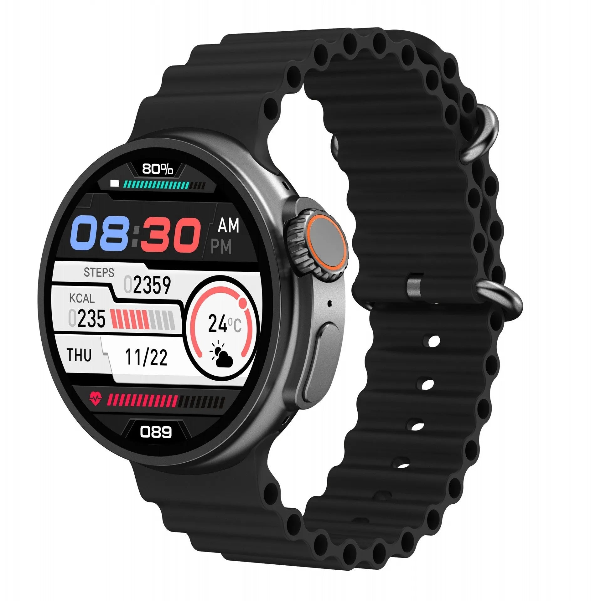 K9 Smart Watch in black with round screen showing health metrics and NFC payment interface