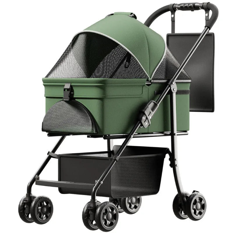 Black folding pet cart with one-click mechanism and removable design for pet transportation