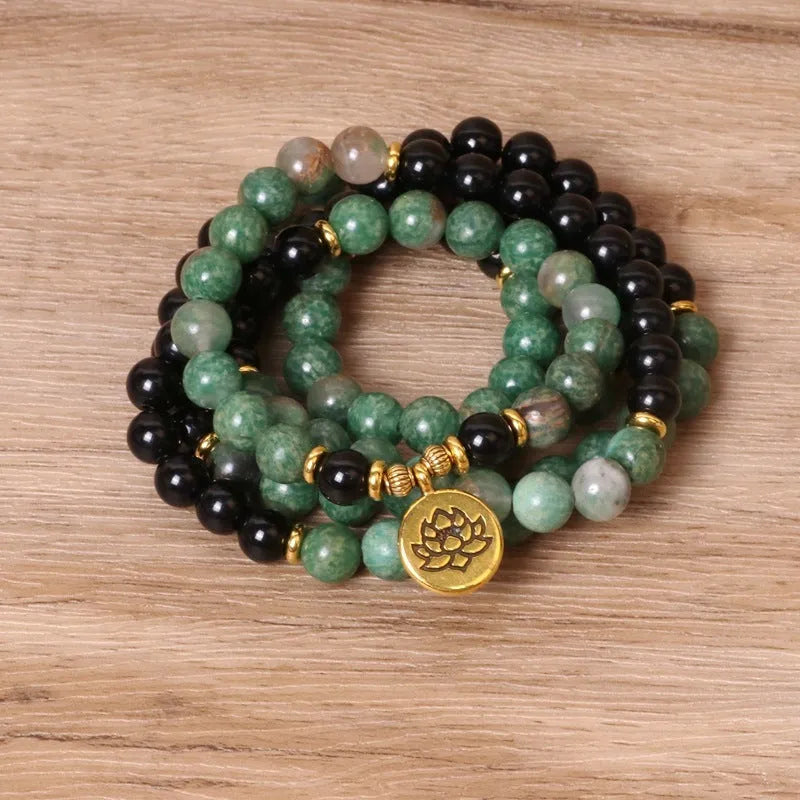 Green and black alloy elastic beaded bracelet with natural style on wrist