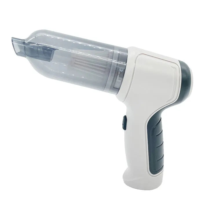 Handheld cordless vacuum cleaner in silver for car interiors and pet hair removal.