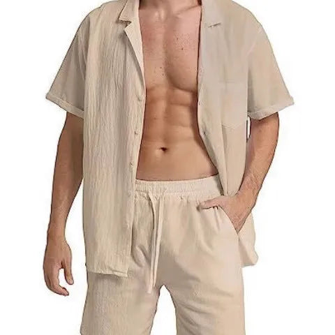 Men's flax short-sleeved top and shorts suit in army green on a grey background.