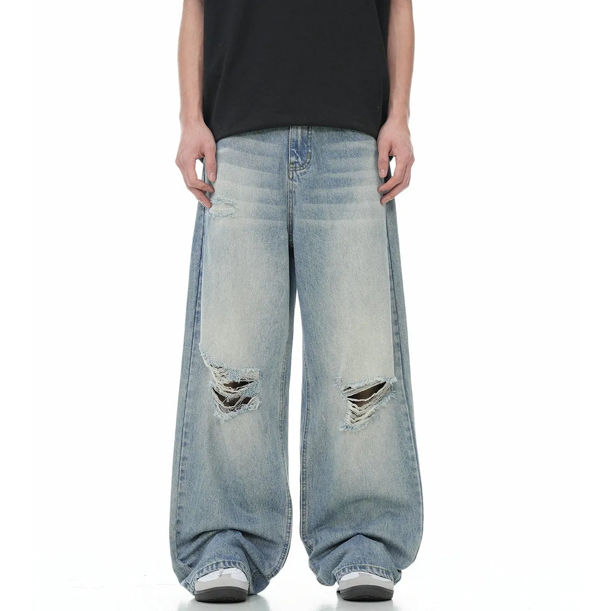 Blue straight-leg men's jeans with retro ripped detailing on cotton blend fabric