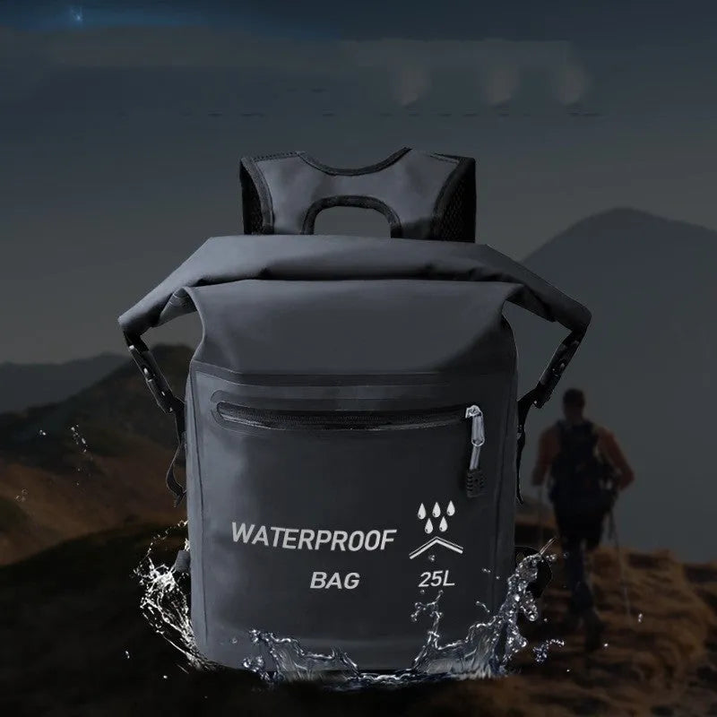 Black 25L outdoor waterproof backpack with 500D mesh clip for swimming and rafting