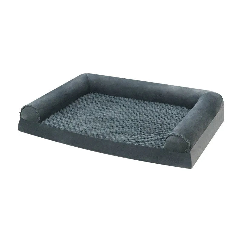 Grey cloth kennel for medium to large dogs showing three size options for indoor pet accommodation