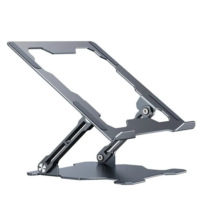 Grey aluminium adjustable laptop stand holding a silver laptop on a wooden desk.