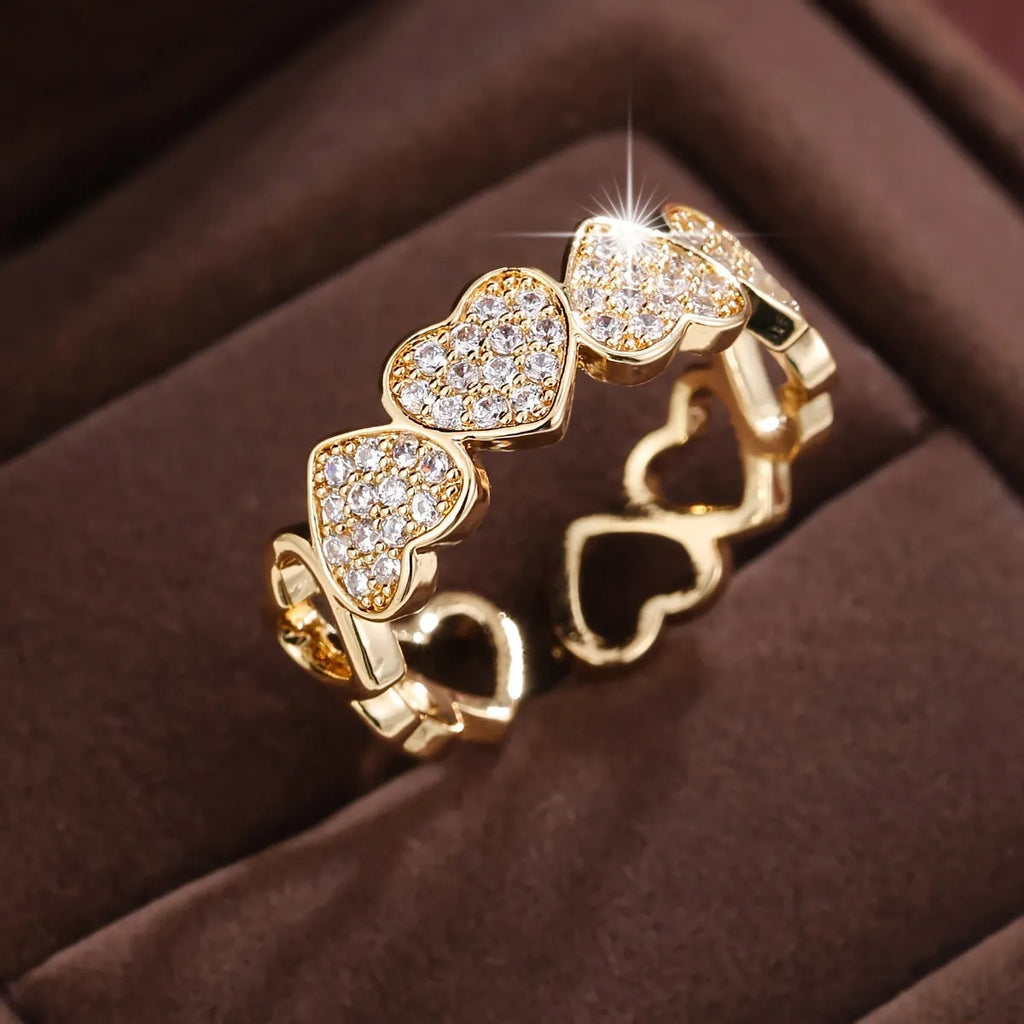 Adjustable open band couples ring with geometric heart design in gold or silver finish