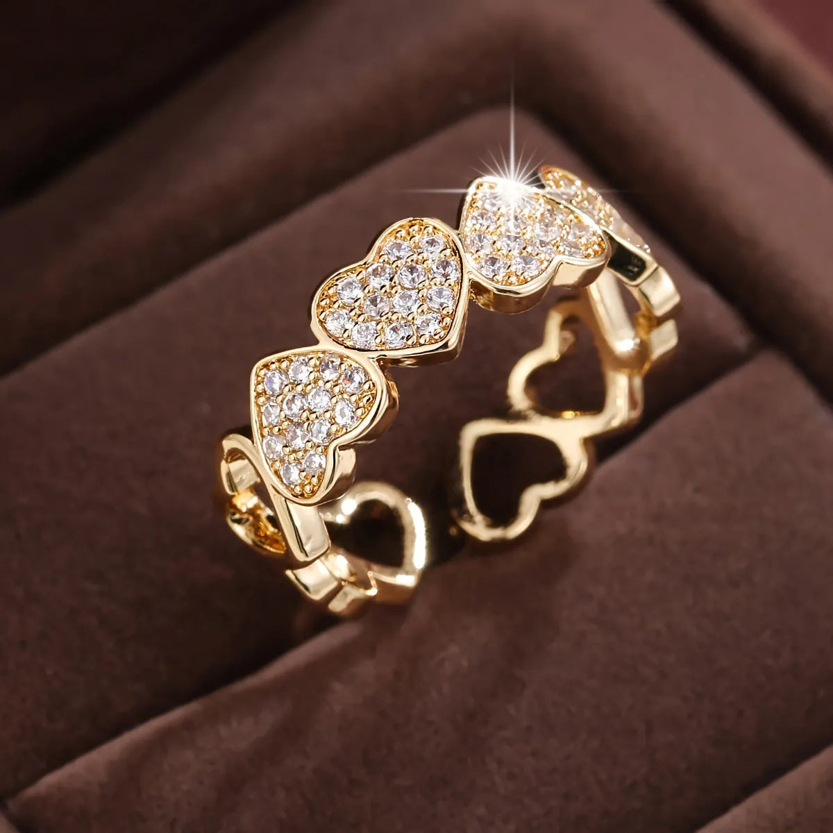 Adjustable open band couples ring with geometric heart design in gold or silver finish