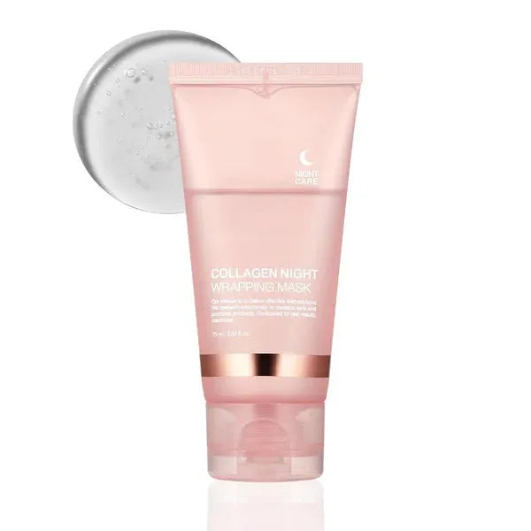 75ml collagen night face mask bottle with application brush for firming and hydration.