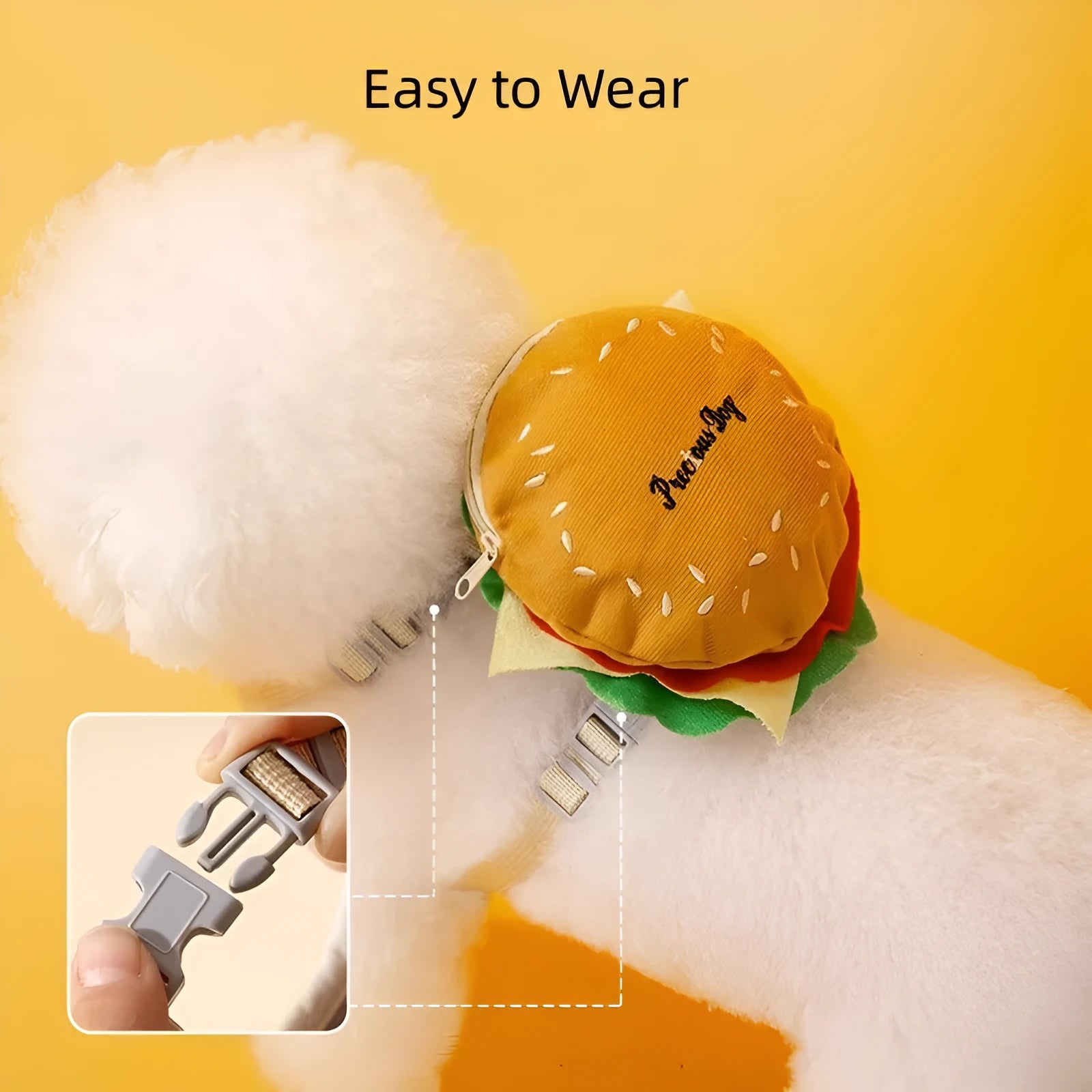 Cartoon hamburger print adjustable vest leash for a dog, showing hook-and-loop fasteners and attached rope.