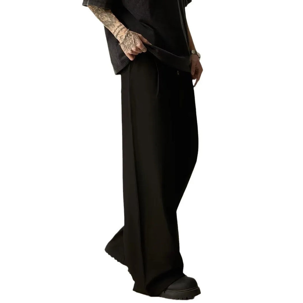 Men's black vertical tube wide-leg casual trousers with button fly and mid-waist design