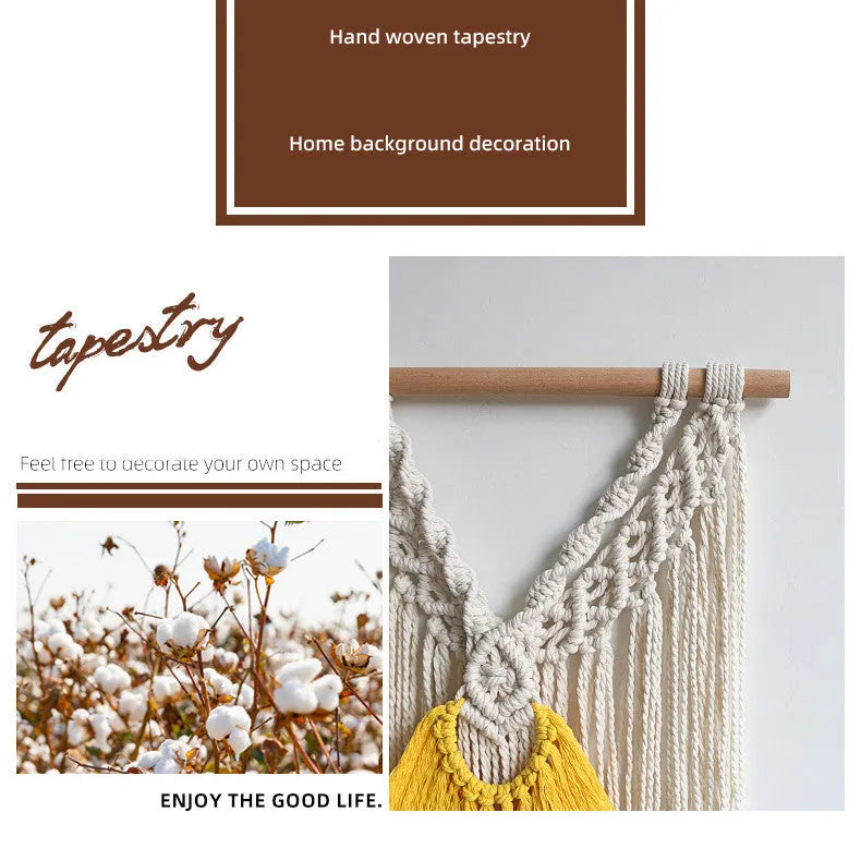 Nordic style cotton woven tapestry rectangle wall hanging 120x95cm creamy-white with yellow accents
