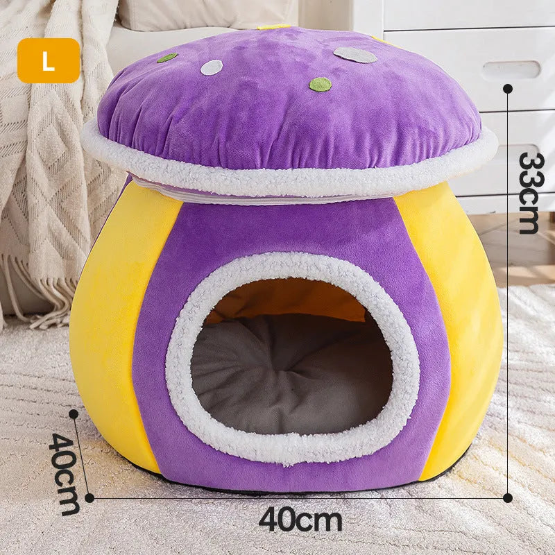 Grey mushroom-shaped plush cat nest with a canopy, shown detached to reveal its warm lining.