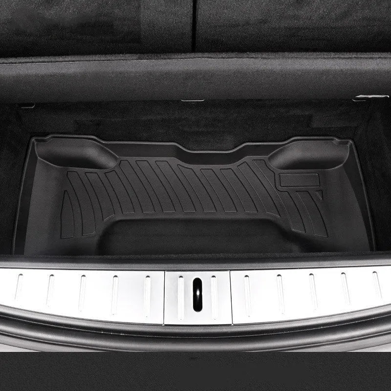 Black rubber floor mats with TPE footrest for Tesla Model 3, Y, X, and S vehicles