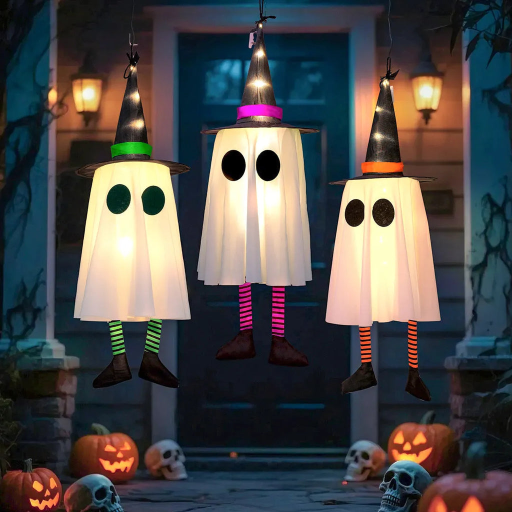 Halloween white LED light string with witch hat and ghost pendants for indoor decoration