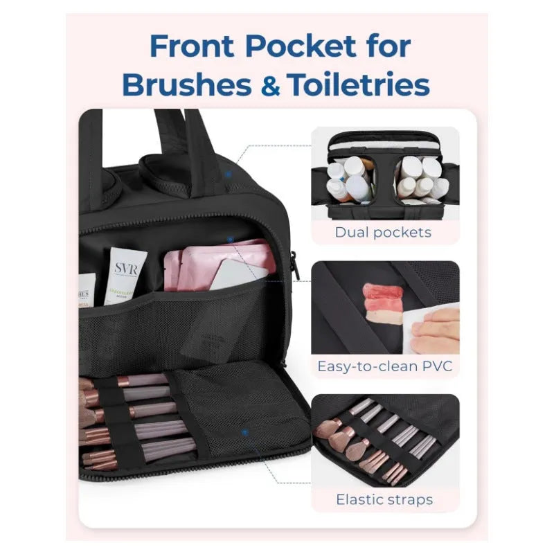 Large travel toiletry bag with wide-open design showing interior storage space