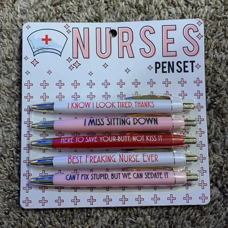 Five nurse-themed plastic ballpoint pens with retractable tips, measuring 14cm in length