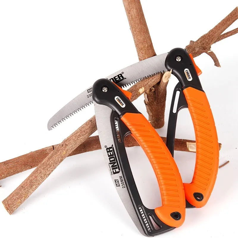 Garden folding hand saw with extended 230mm blade showing TPR grip and 65MN steel construction