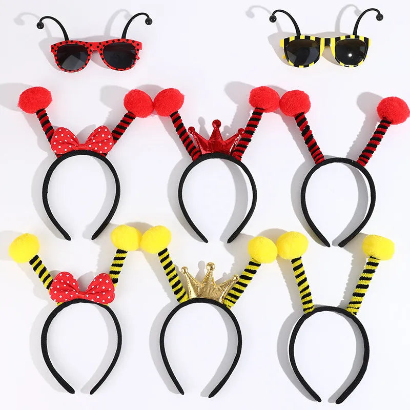Bee costume headband and glasses set in cloth material with bee and butterfly decorations
