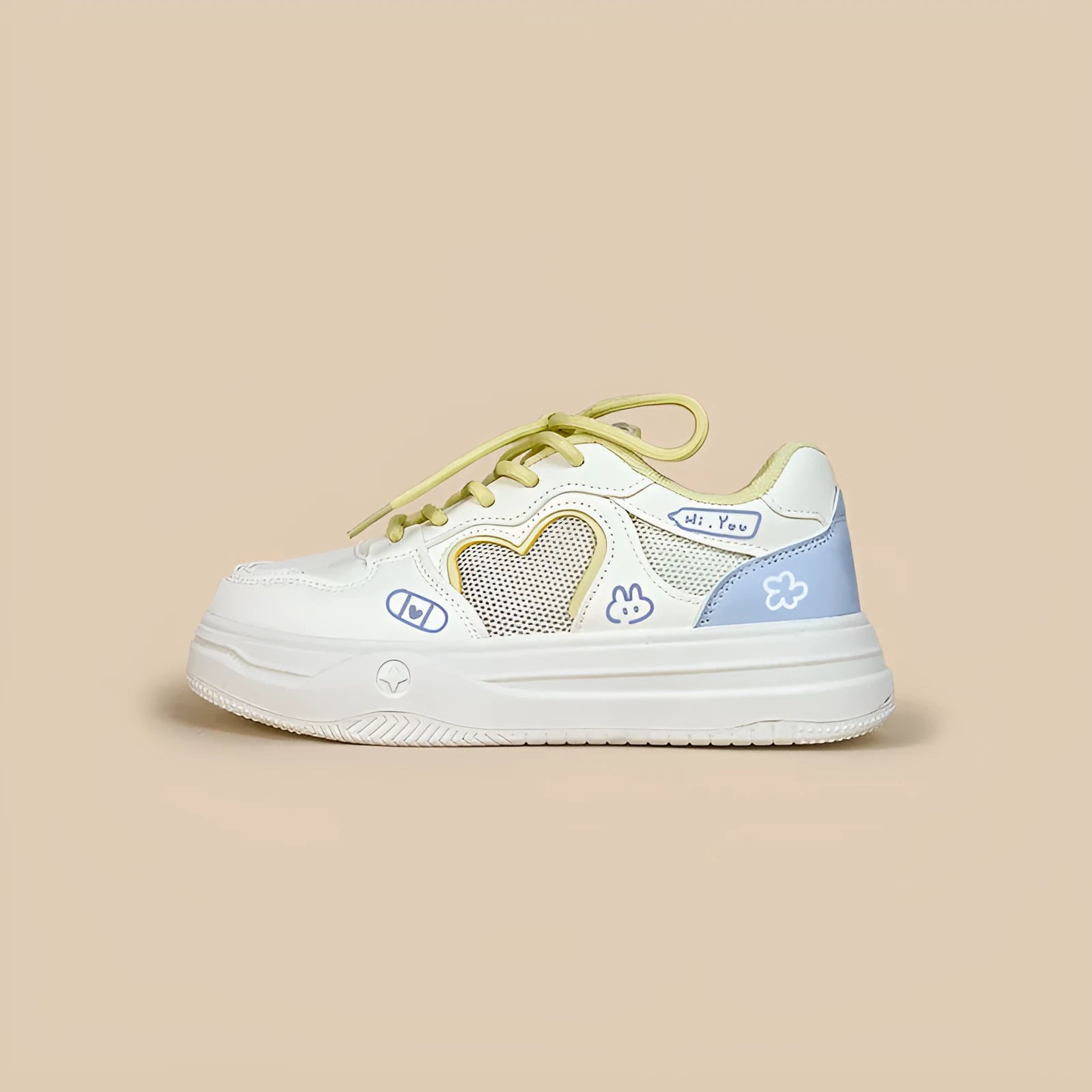 Korean mesh sneakers in Meow Rabbit Sea Salt Cheese colour with thick rubber sole and lace-up closure