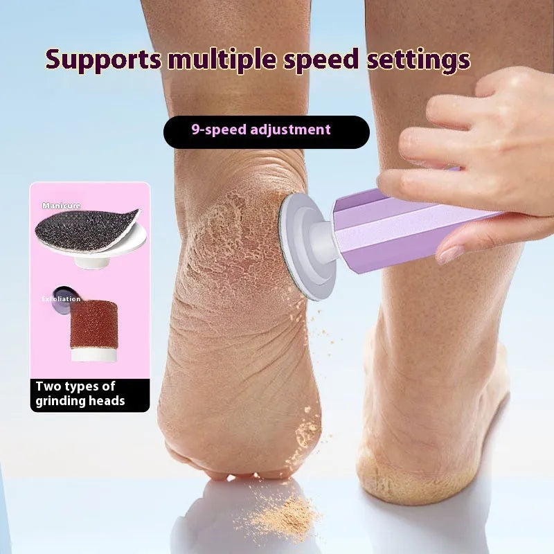 USB rechargeable electric foot file and callus remover with sandpaper wheels in pink, black, and purple colours.