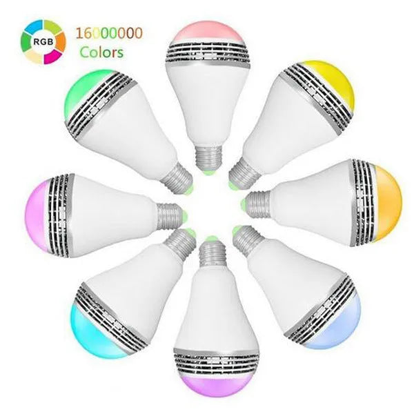 White LED smart bulb with E27 base, combining a light and Bluetooth speaker, dimensions 100x150mm.