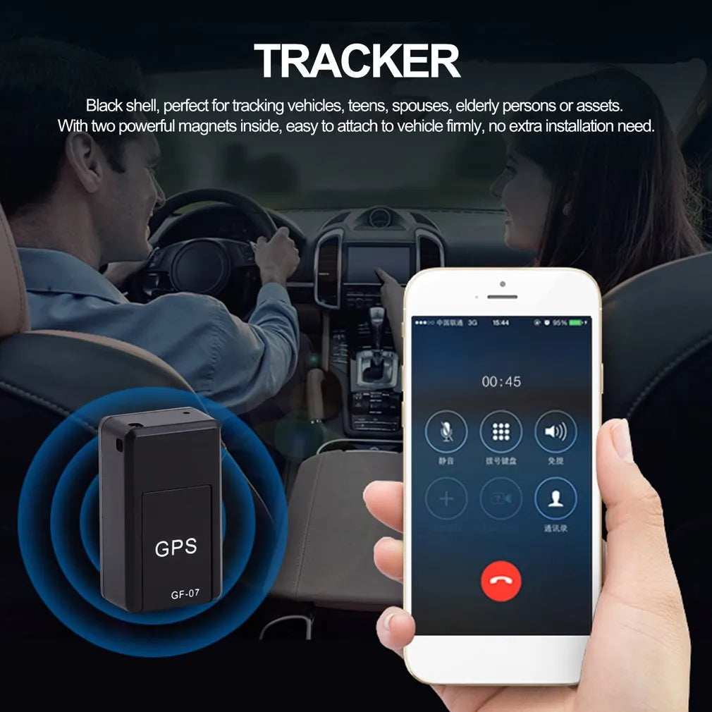 Black magnetic GPS car tracker device with compact rectangular design and USB charging port