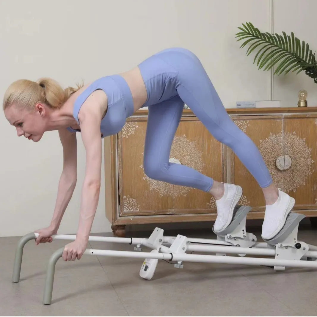 Starlight White foldable indoor climbing frame with integrated treadmill for home fitness