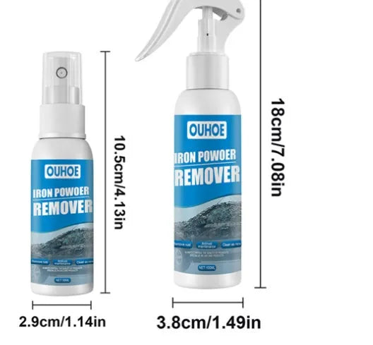 Blue car rust remover spray bottle with a choice of sponge or towel applicator.