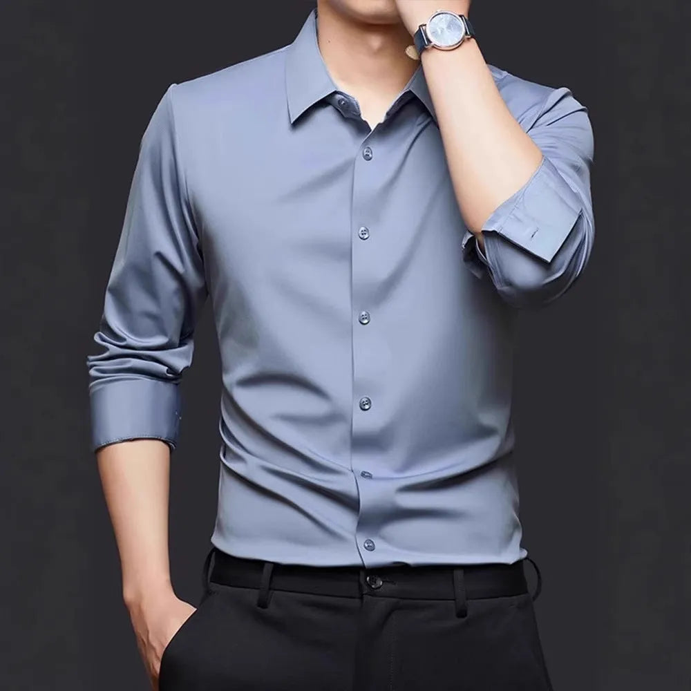 Seamless high elastic long sleeve anti-wrinkle shirt in black, front view, with stretch fabric