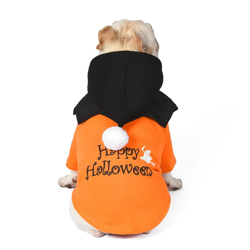 Black and orange Halloween pumpkin print two-piece dog sweater and shawl costume