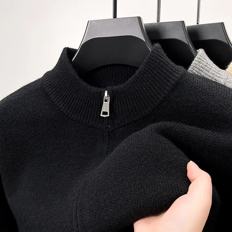 Men's stand collar knitted cardigan with full-length zipper in black, grey and beige colours
