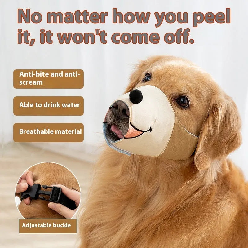 Canvas dog mouth cover muzzle in Ollie Brown Bear colour, shown alongside Bondi Blue Shark option, with sizing guide for small to extra-large dogs.