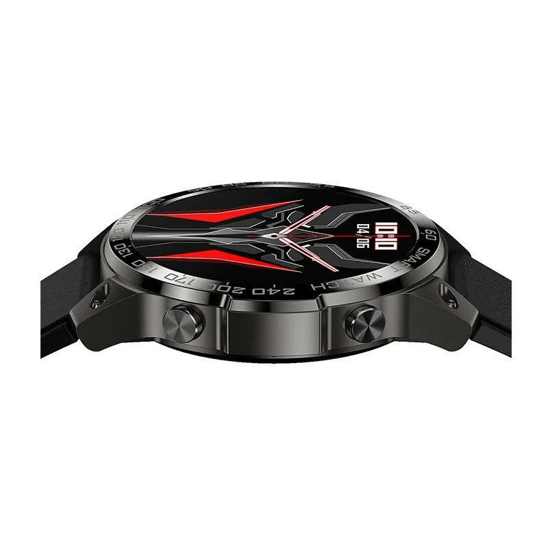 Round smartwatch with AMOLED display showing watch face, on a black silicone strap.