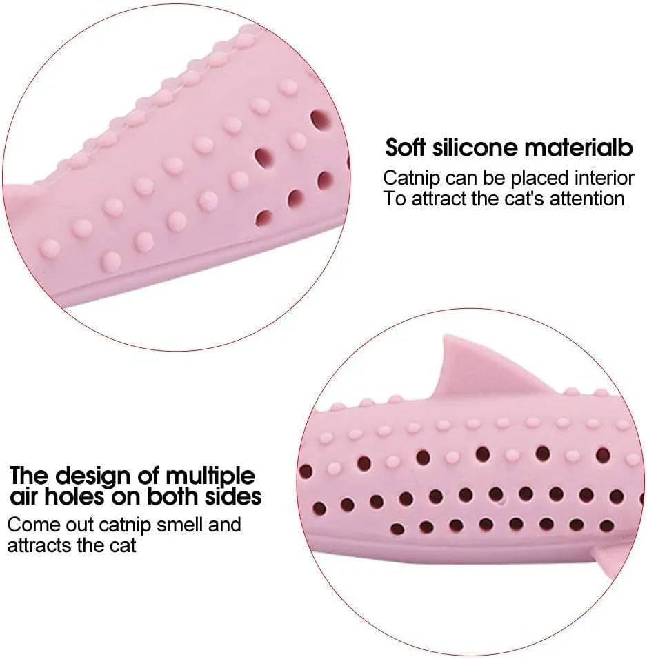 Silicone fish-shaped cat chew toy in green with breathable side holes for catnip