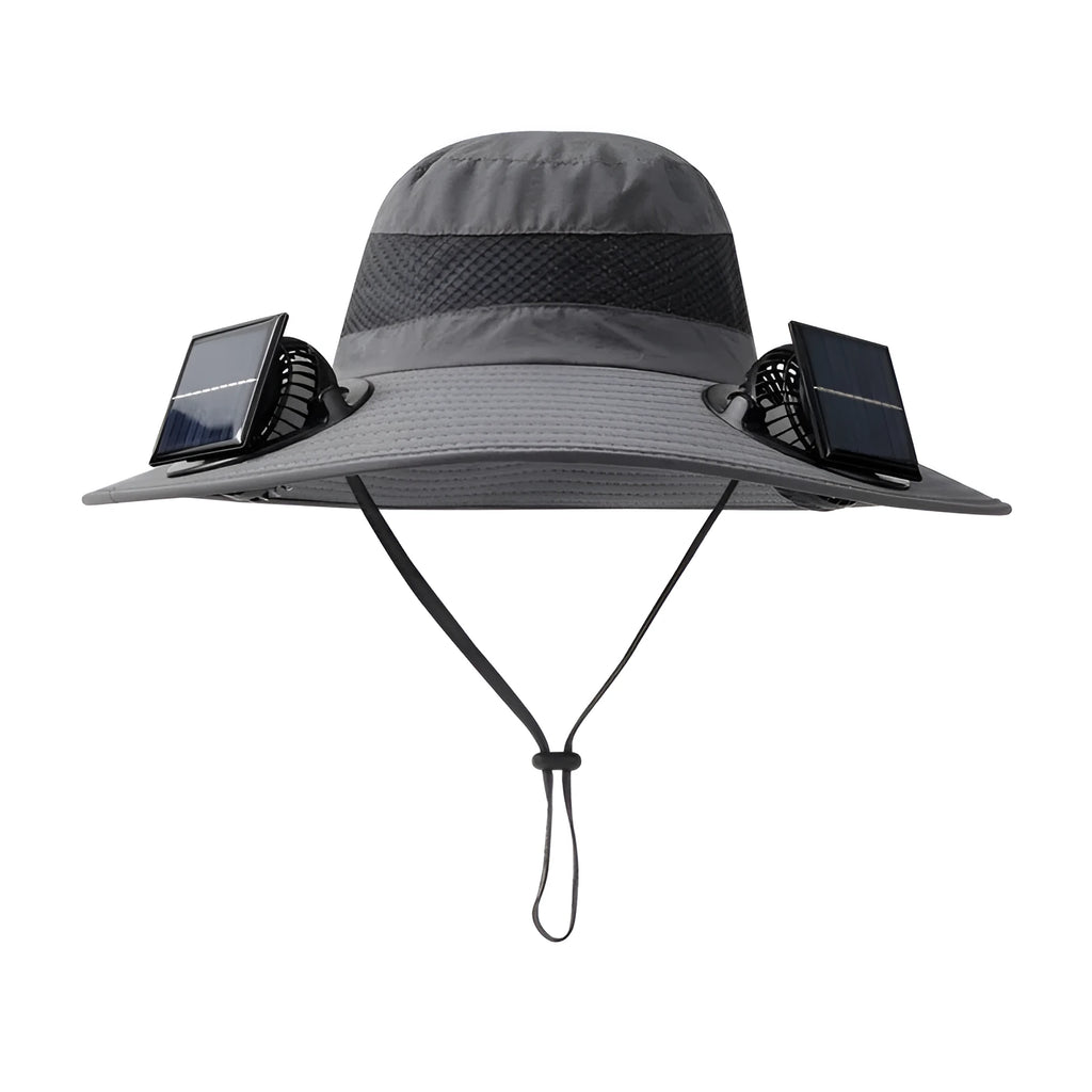 Men's beige solar-powered fan hat with cooling fan visible on the brim, for outdoor use.