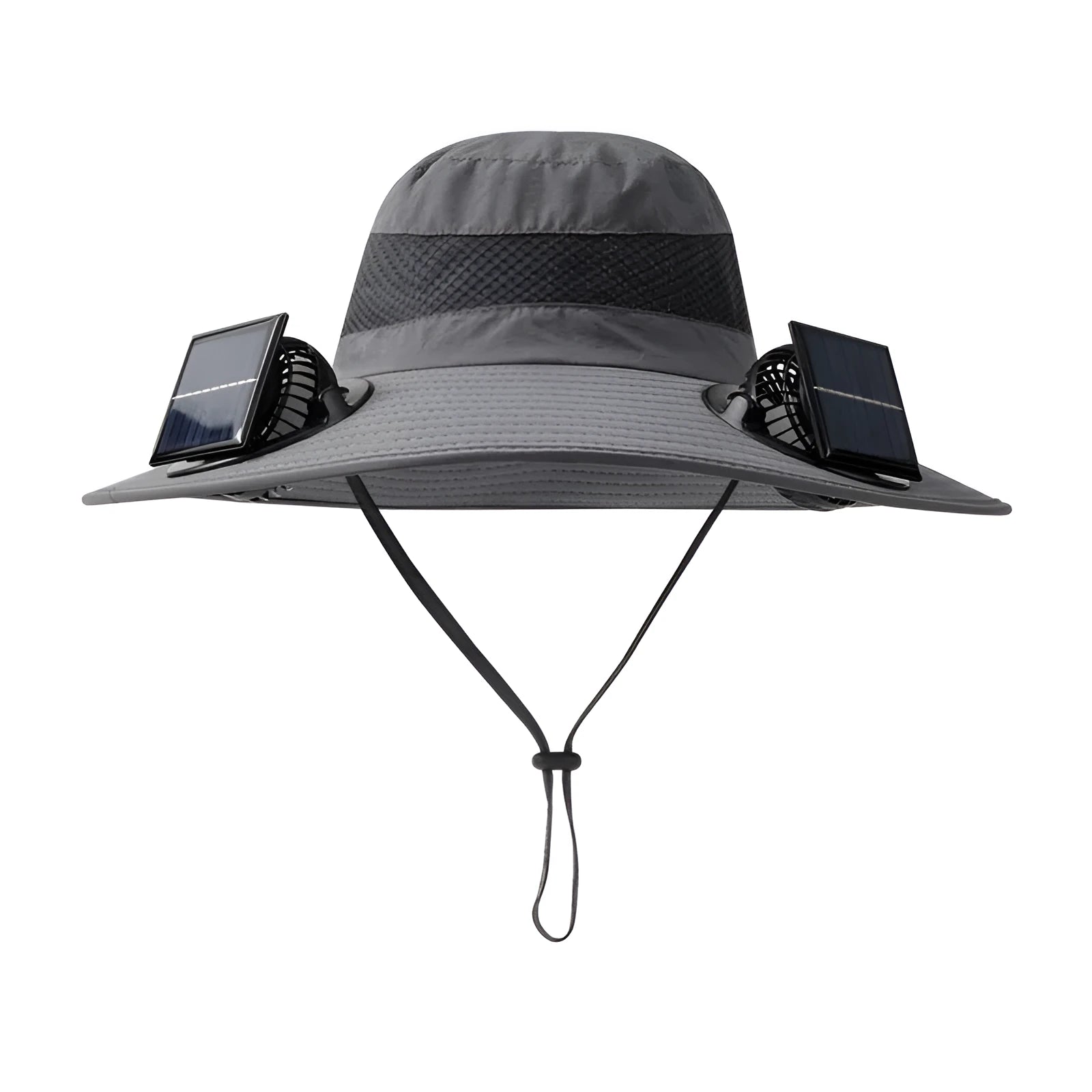 Men's beige solar-powered fan hat with cooling fan visible on the brim, for outdoor use.
