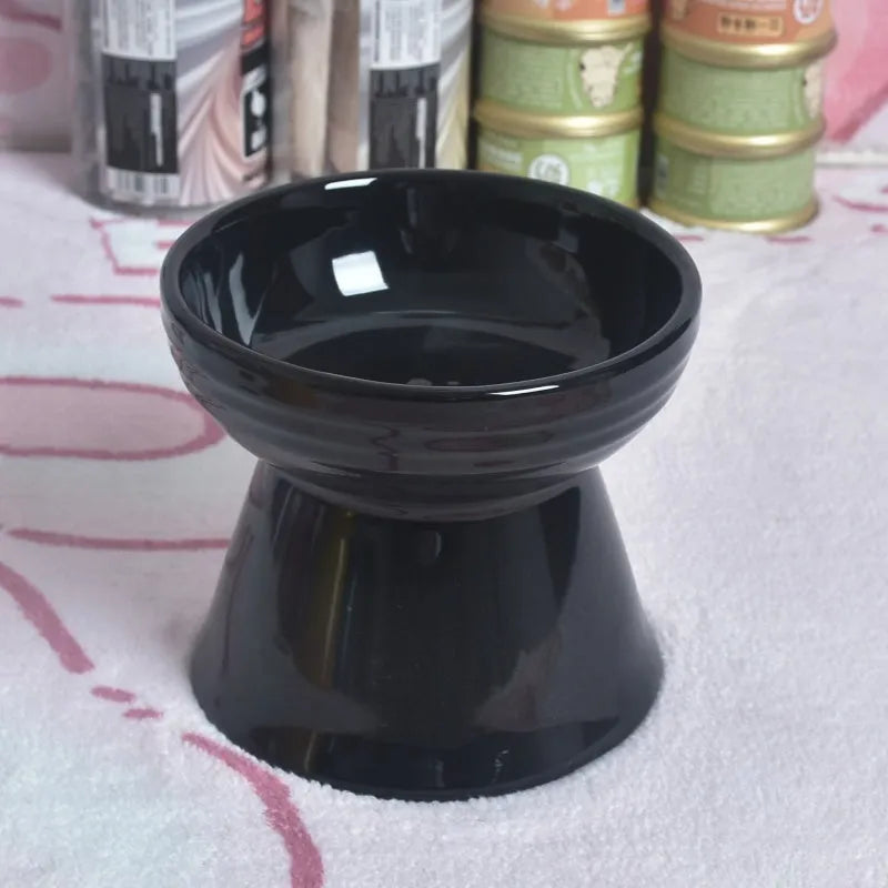 Black ceramic pet bowl with high foot neck protector design for anti-tumble feeding