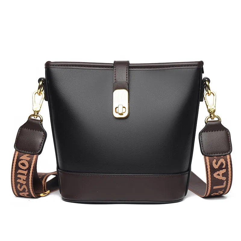 Korean style black PU bucket messenger bag with organised interior compartments and double shoulder straps