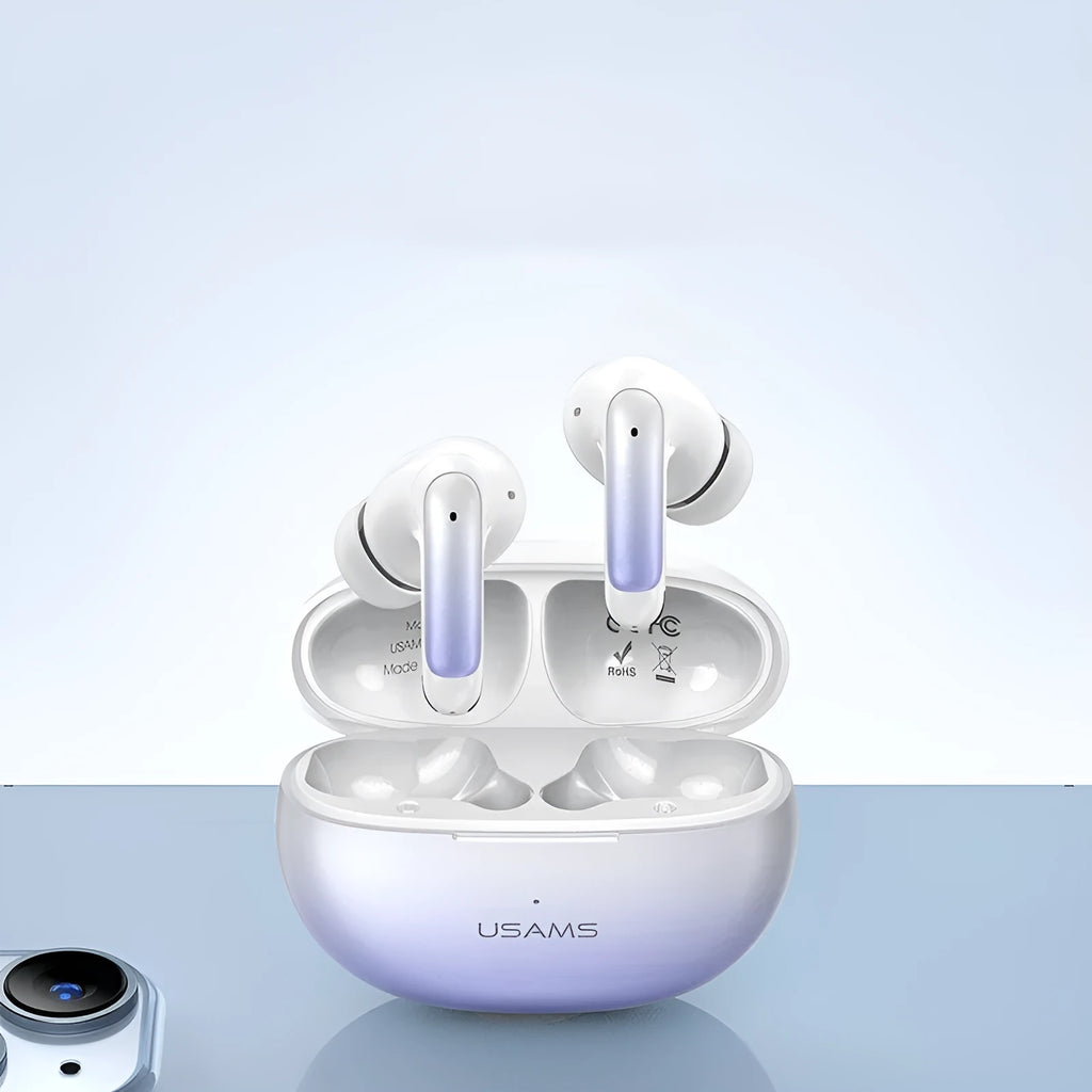 Wireless sports gaming Bluetooth headset in gradient blue colour showing compact in-ear design