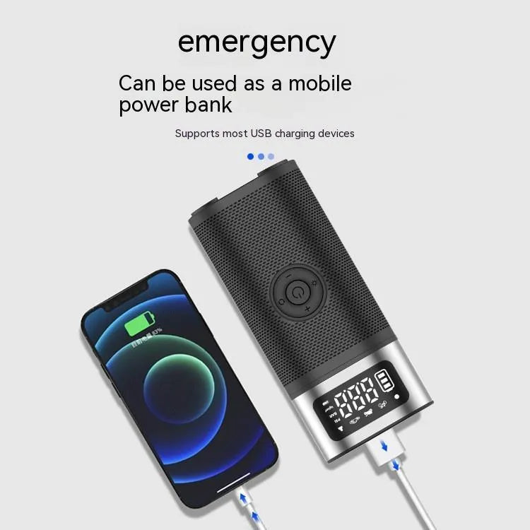 Black portable wireless smart vehicle air pump with a display, inflation tube, and multiple nozzles on a dark background.