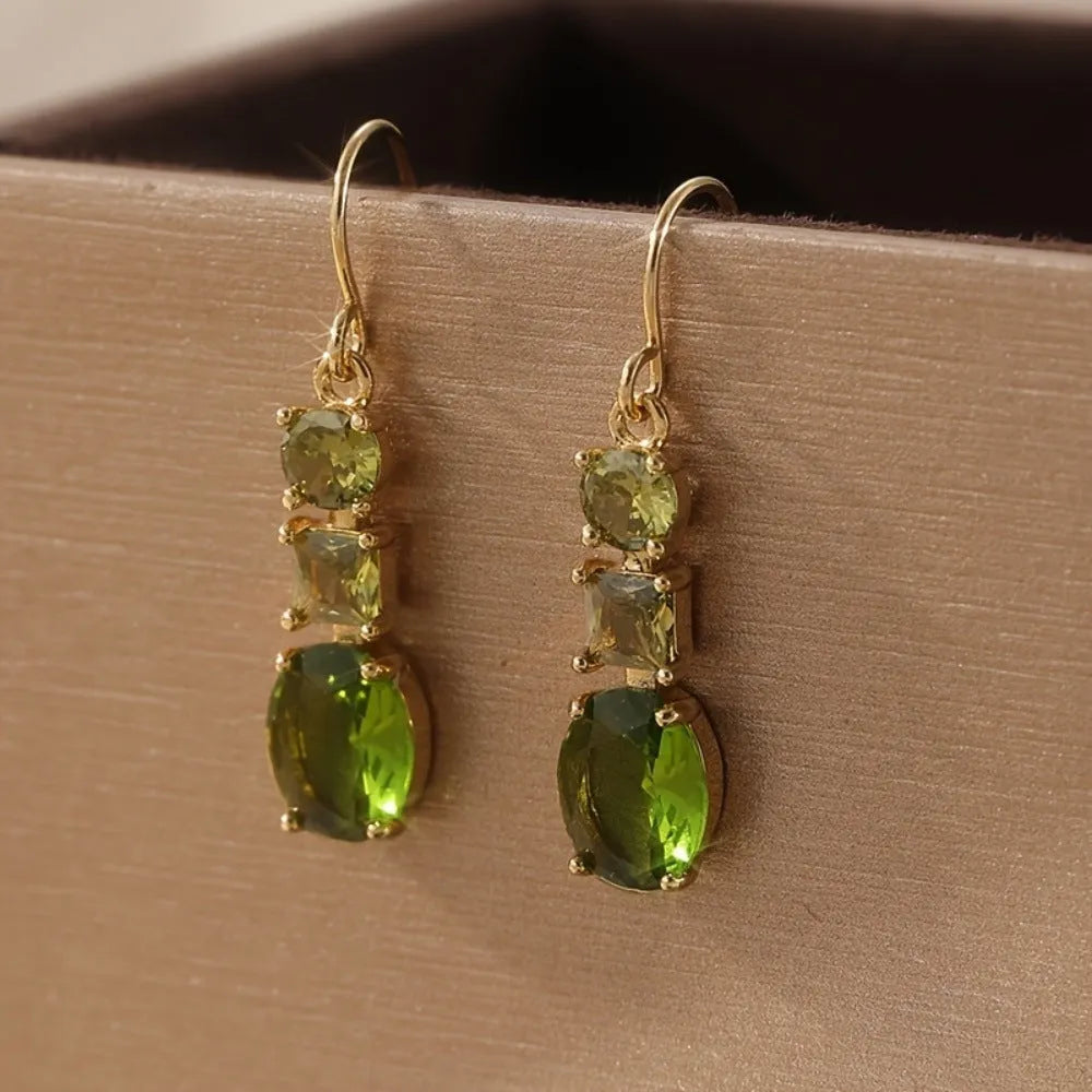Green geometric copper earrings with quadrilateral design in retro Bohemian style