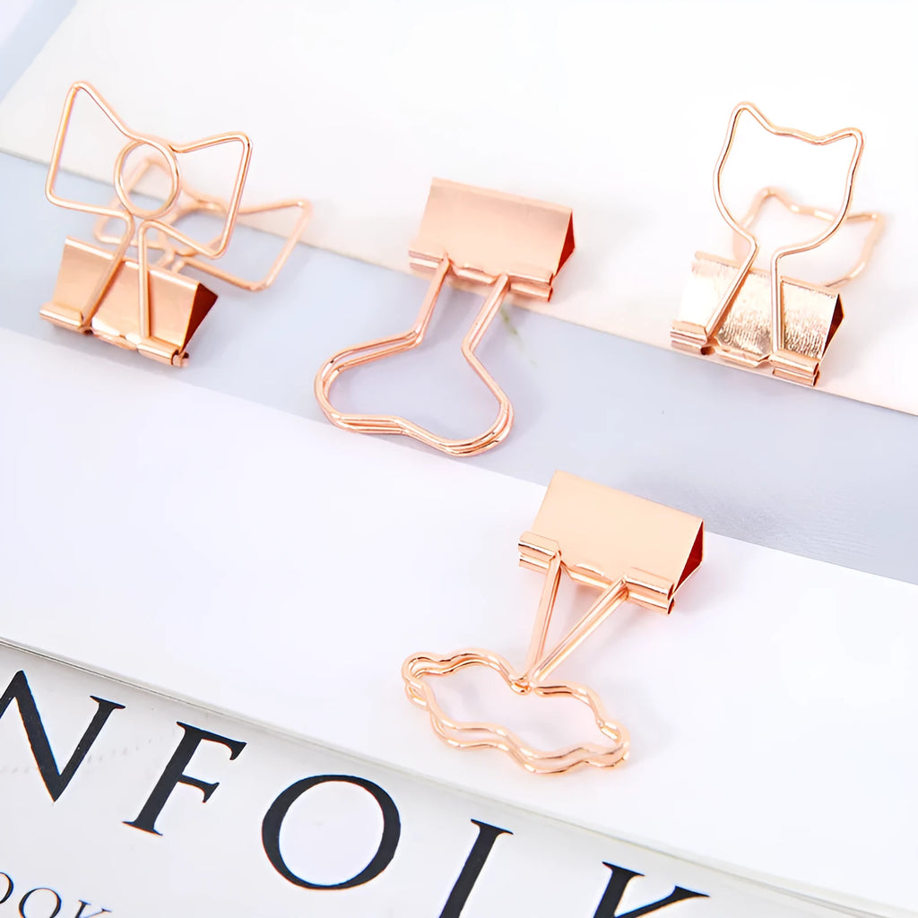 Gold metal office clip with long tail in decorative shape such as flamingo, love, cloud, cat, cactus, or bow design