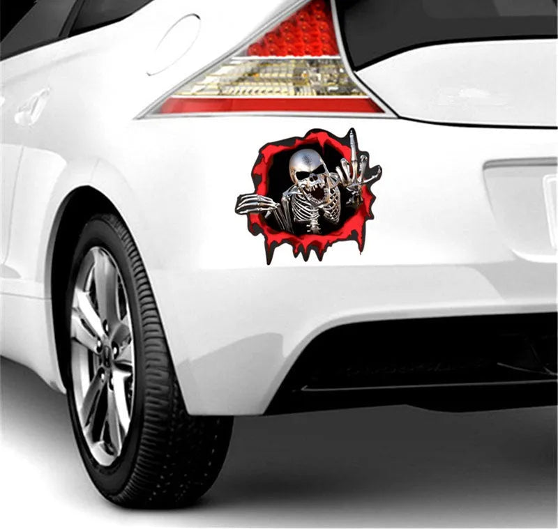 Colourful reflective metal skull design printed on a 15cm by 14cm car bumper sticker.